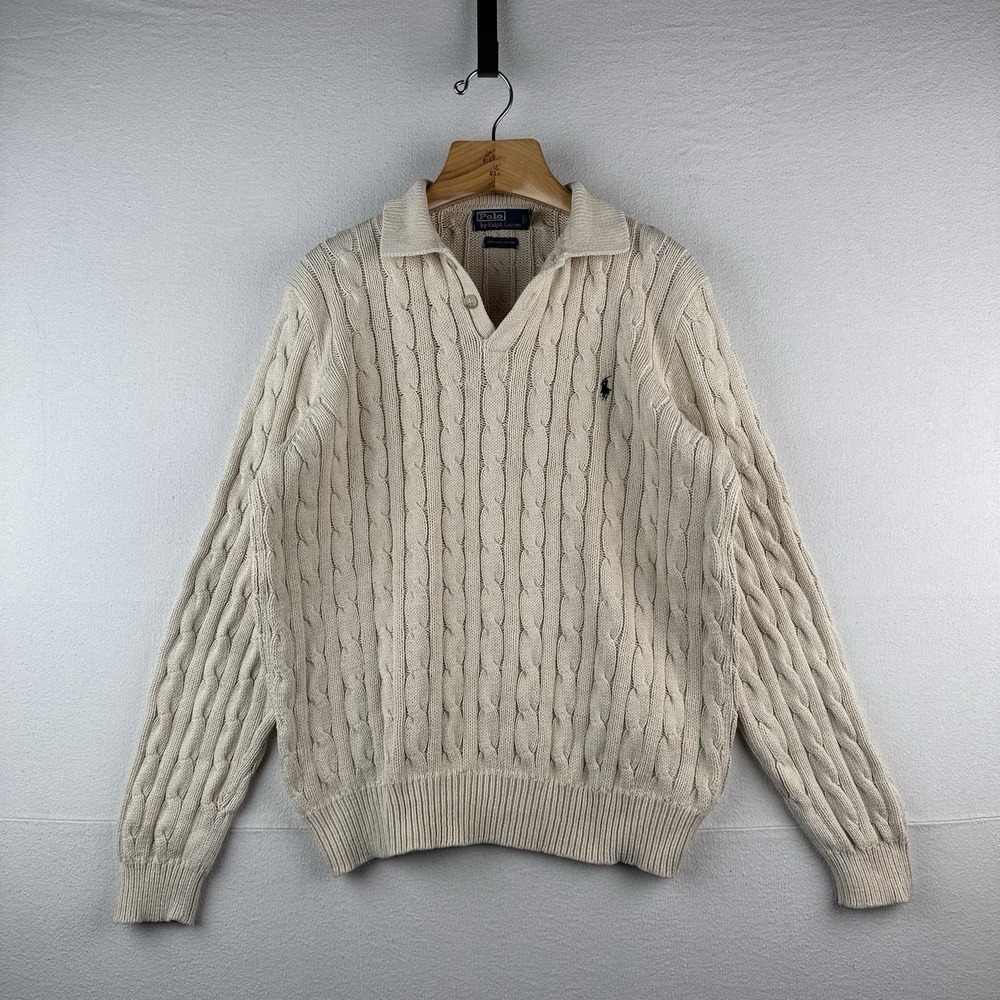 Vintage Polo Ralph Lauren Mens XL‎ Cream Collared Cable Knit Sweater Pima Cotton